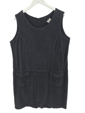 Click Vintage 100% Linen Dress Size XL in Black Button Back Detail Pinafore